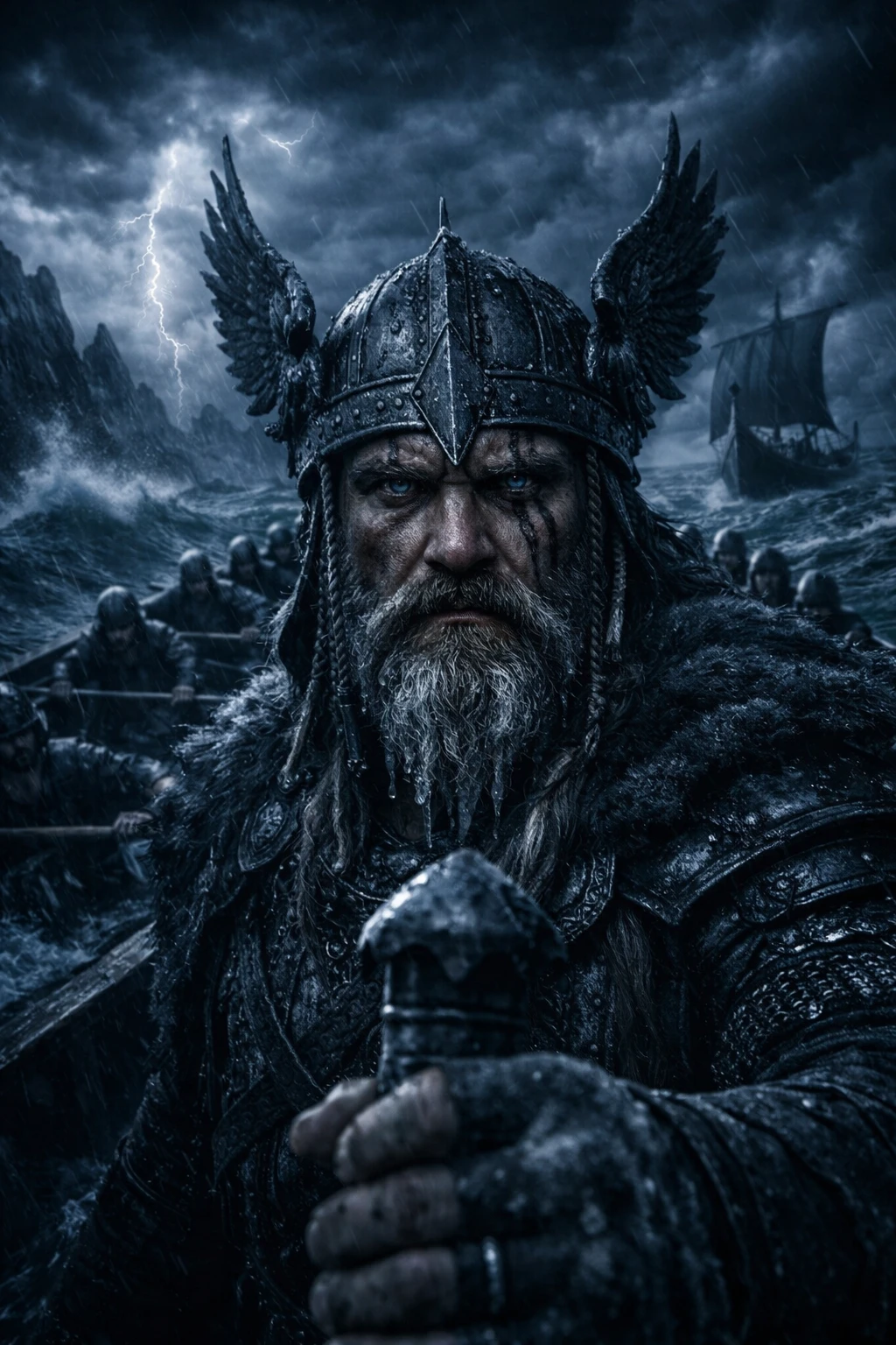 Caudillo vikingo frente a mares tormentosos desde la proa del barco