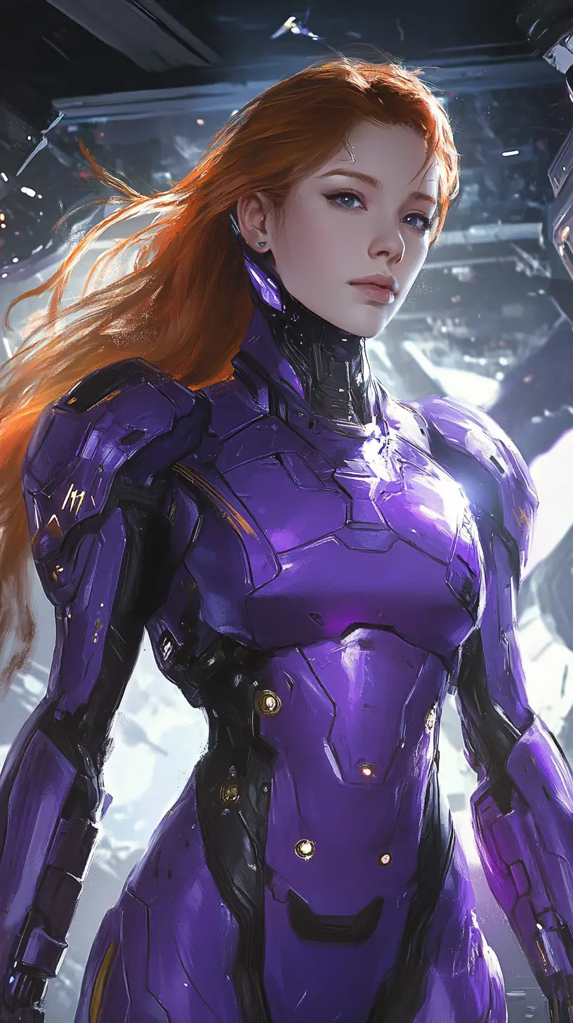 Android warrior woman in purple armor in space hangar