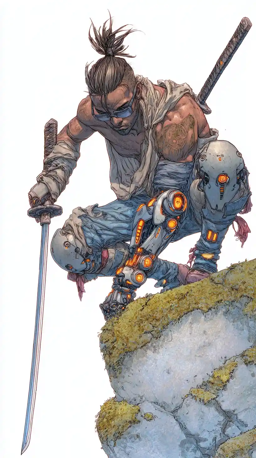 Cybernetic samurai crouching on a mossy rocky ledge