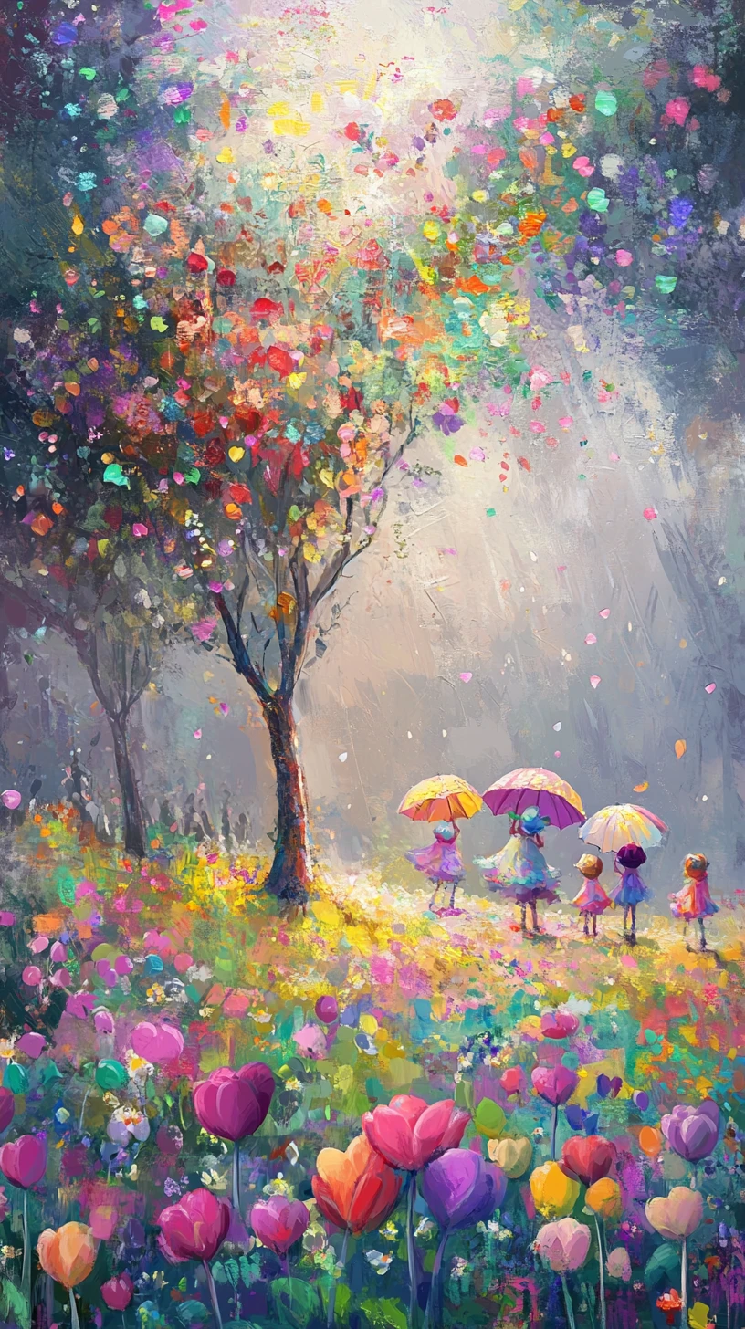 Bright apple tree in a whimsical misty forest clearing
