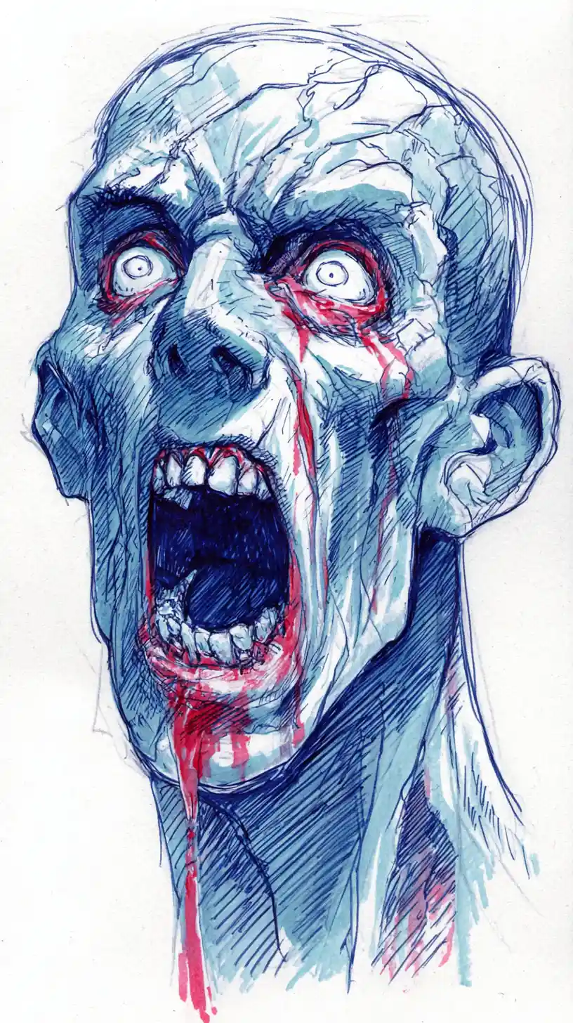 Tormented flayed head illustration with screaming hollow white eyes