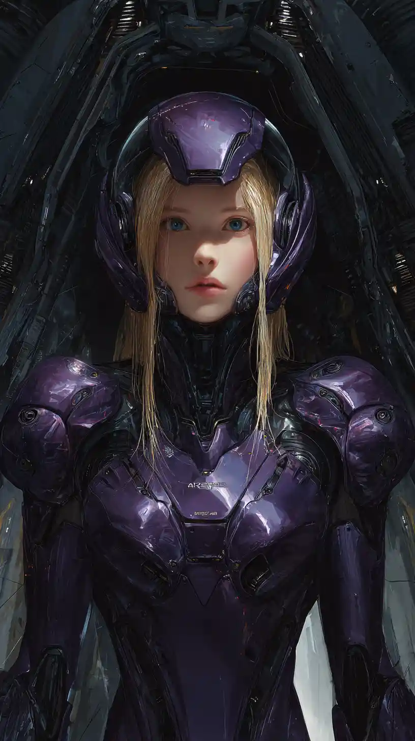 Guerreira androide feminina com armadura roxa em hangar espacial