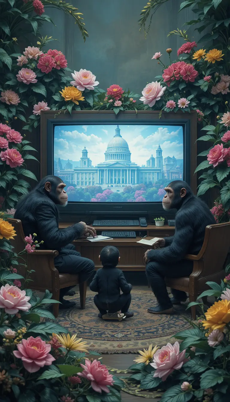 Des chimpanzés regardent la politique sur un grand écran de télévision en pleine forêt