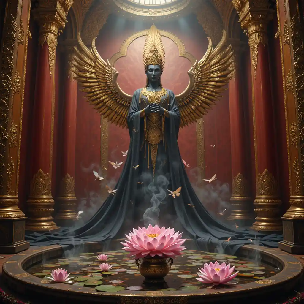 Statua dorata di Garuda in un mistico tempio thailandese