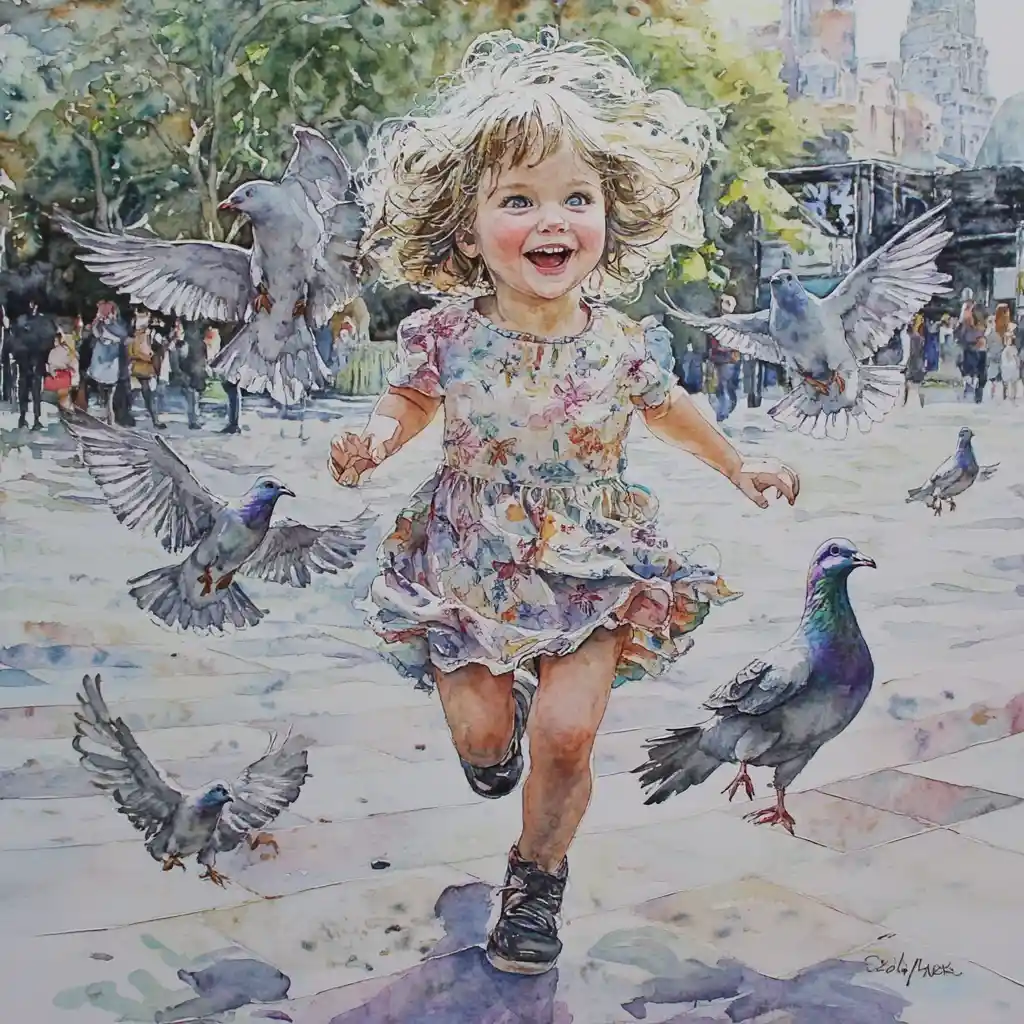 Little girl chasing pigeons in a watercolor city square
