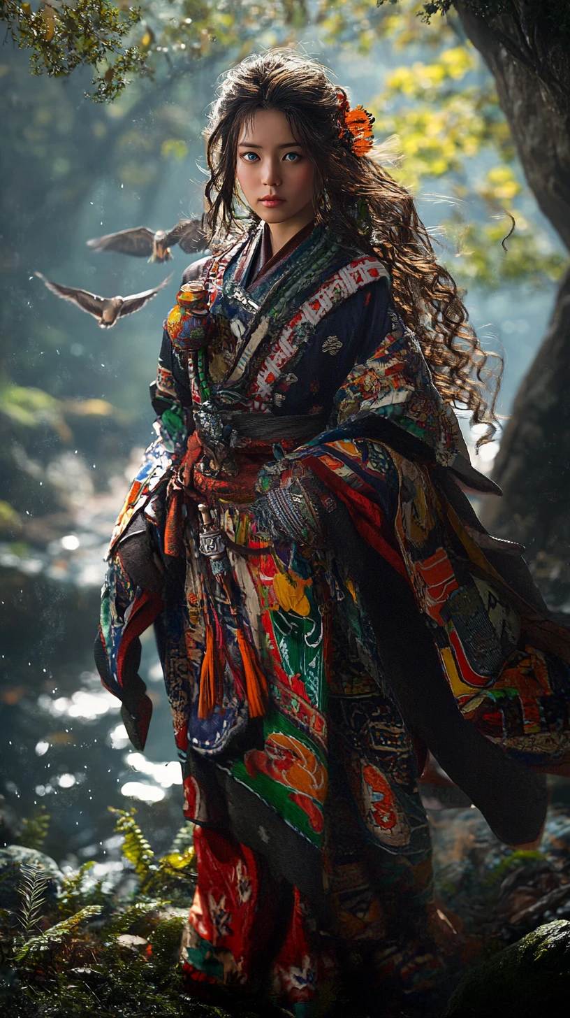 Jovem mulher Ainu em traje tradicional em uma floresta enevoada