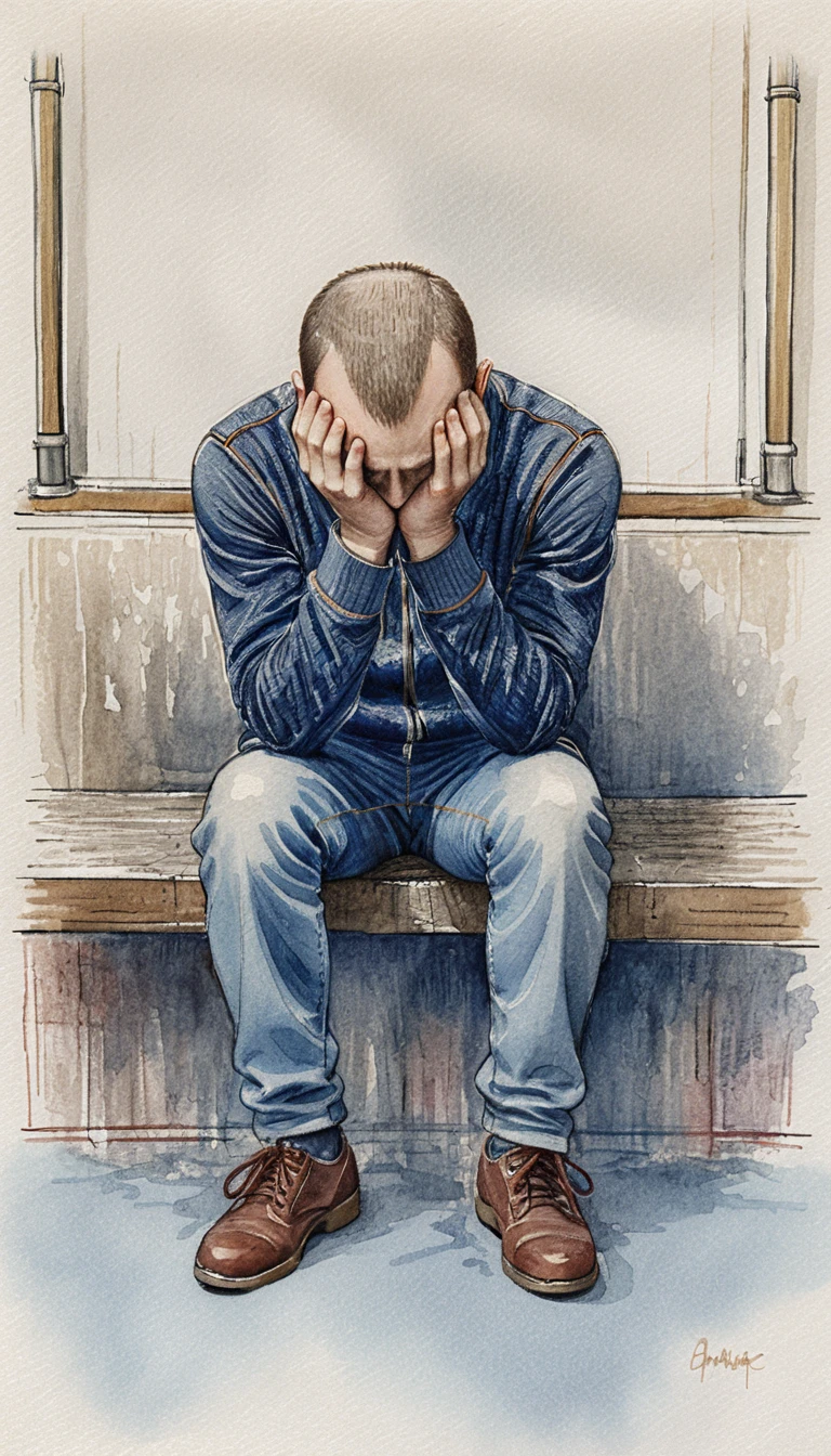 Homme en détresse sur un banc de métro en illustration au crayon