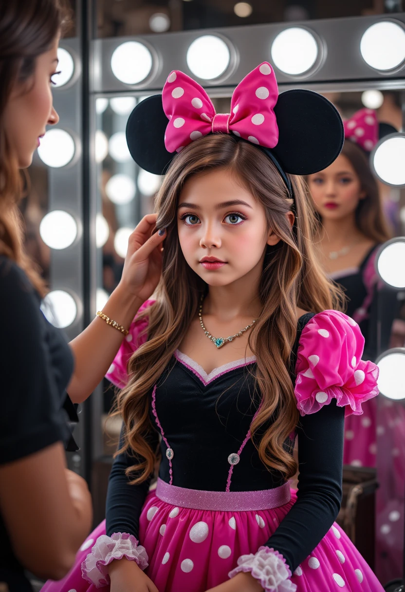 분홍 미니 드레스를 입은 소년이 부티크에서 메이크업을 받는 모습