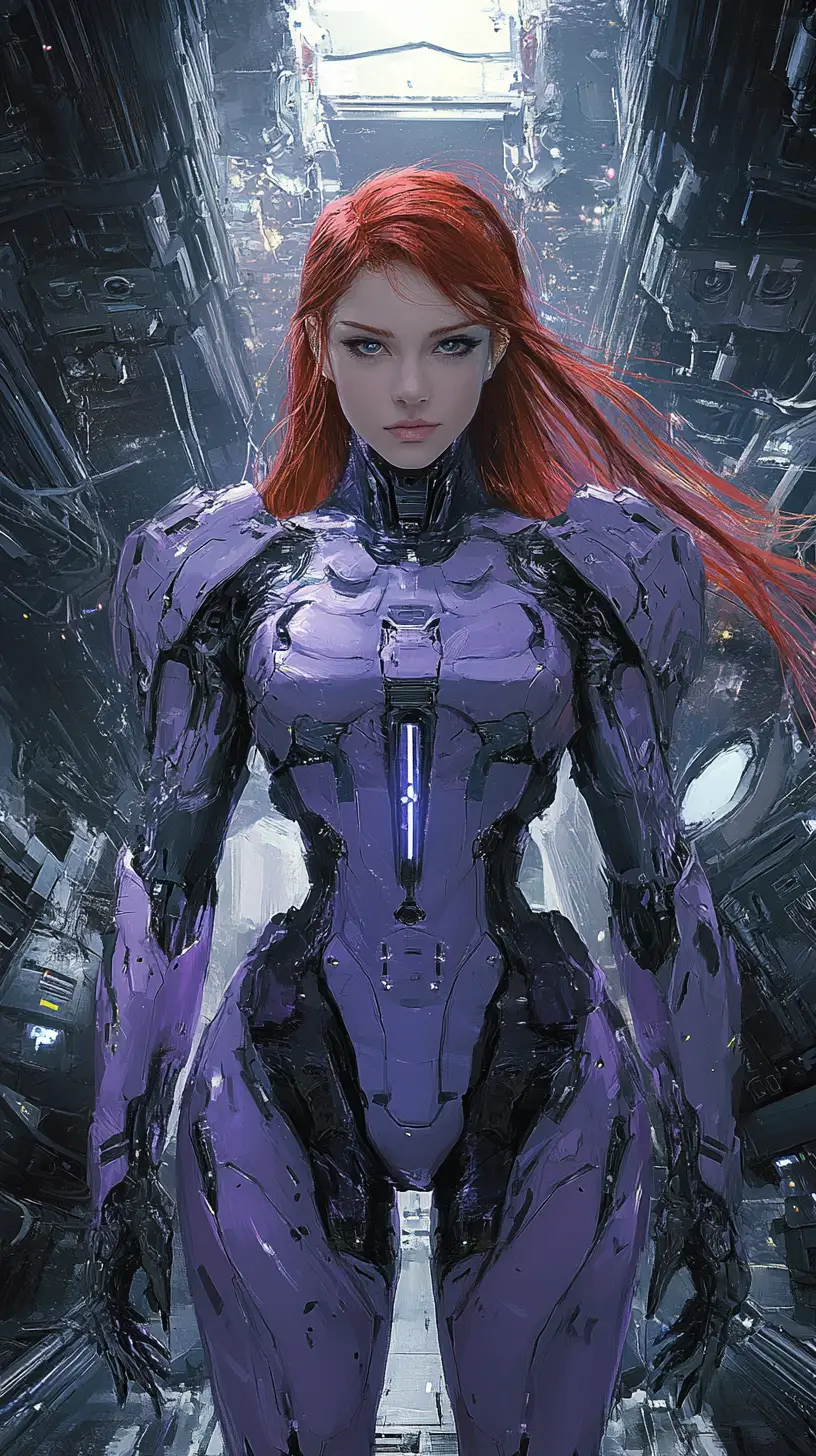 Android warrior woman in purple armor in space hangar