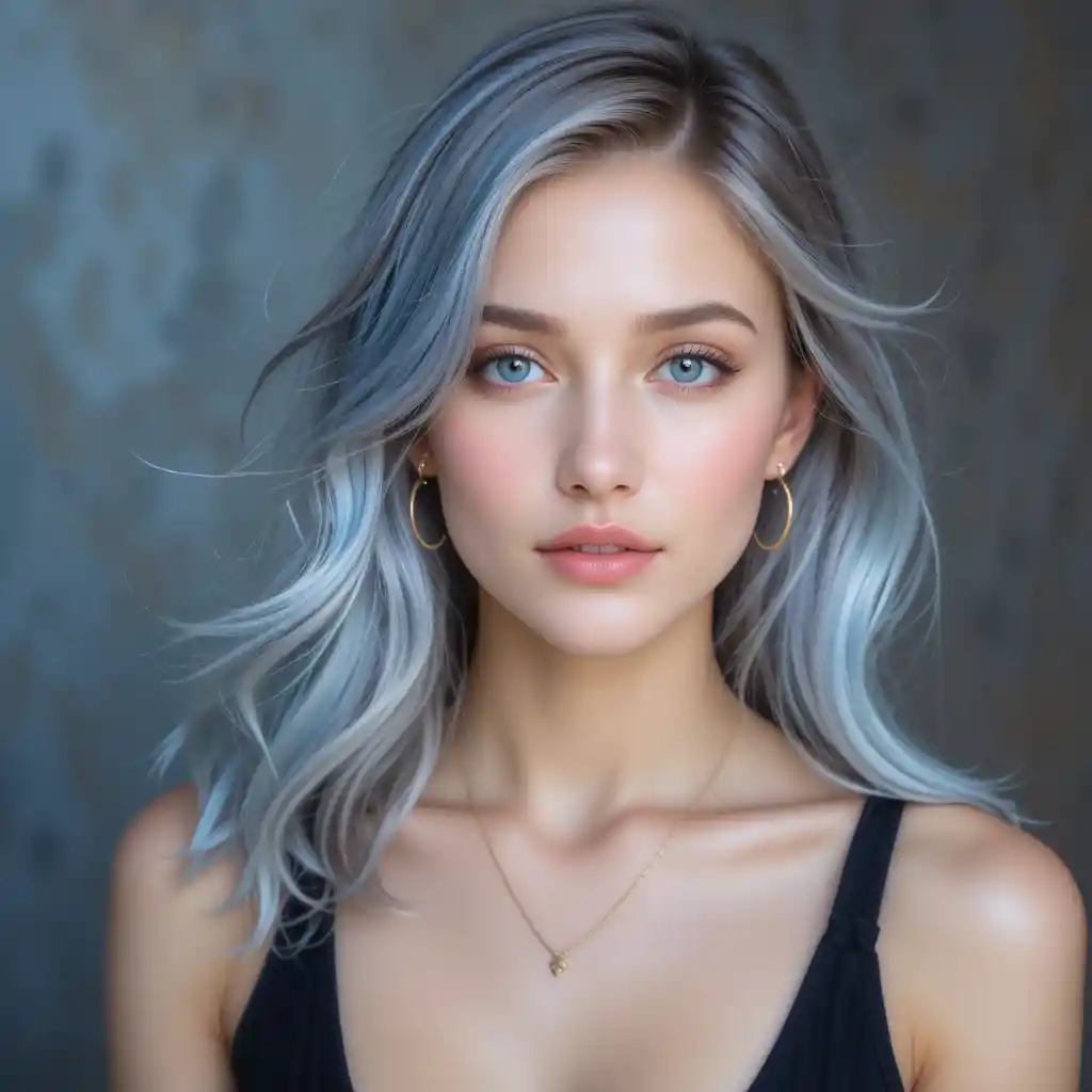 Ritratto di giovane donna elegante con capelli blu argento