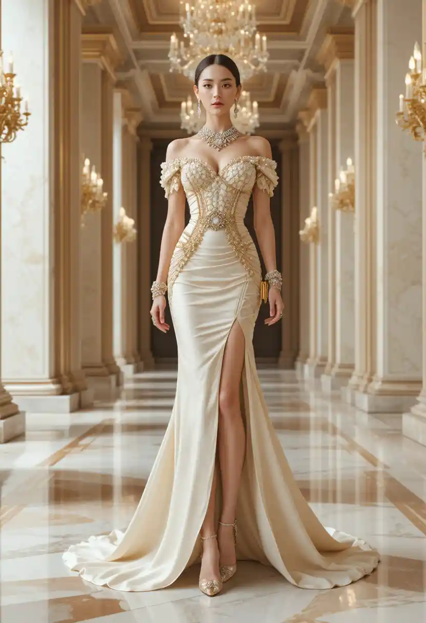 Elegant woman in ivory couture gown in marble hall