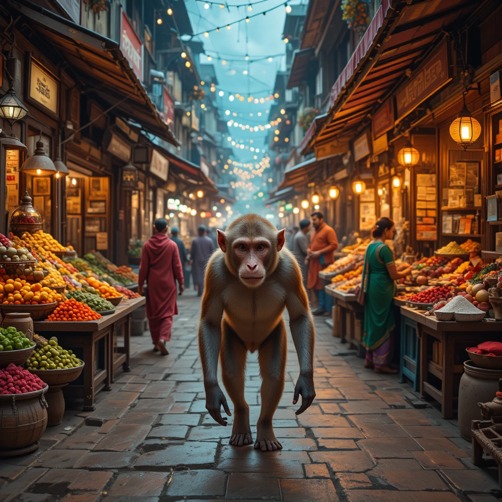 Curiosa scimmia rhesus esplora un vivace mercato di strada indiano