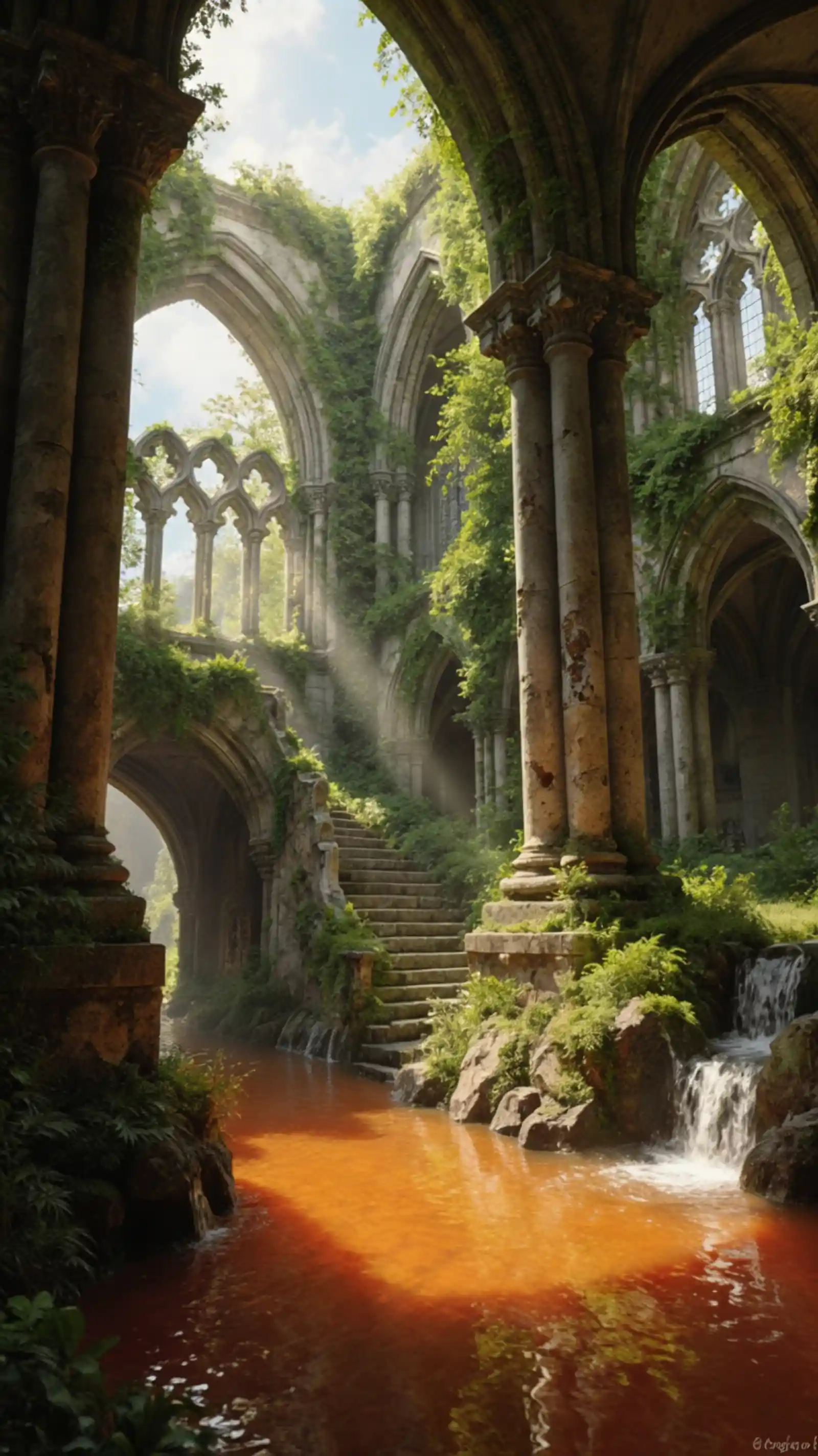 Interno etereo di cattedrale gotica fuso con vegetazione rigogliosa