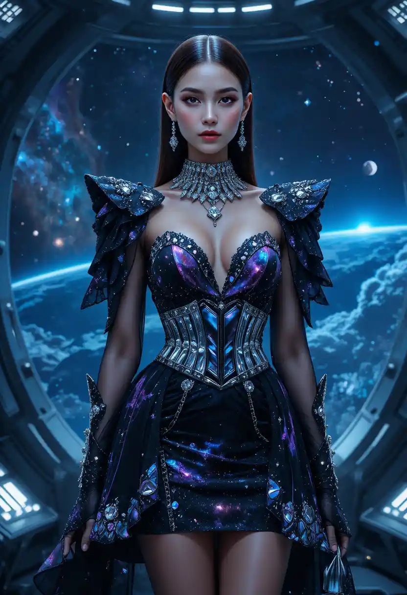 Cosmic fashion model in a futuristic space station