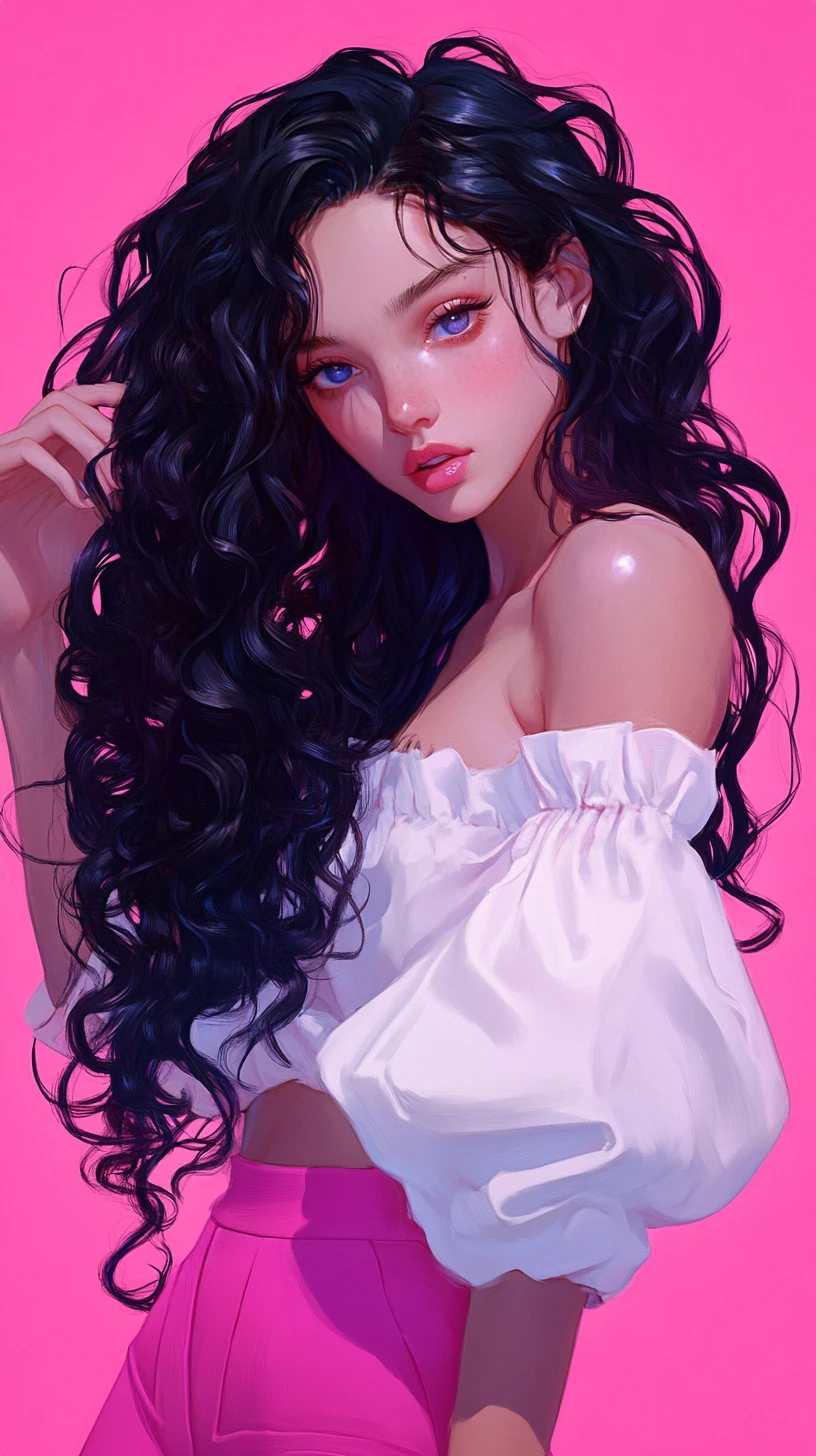 Ragazza anime con lunghi capelli neri ricci su sfondo rosa