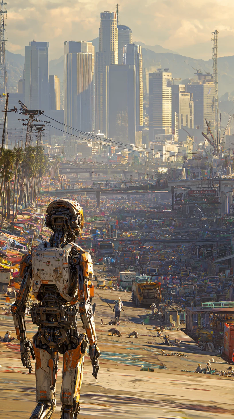 Cyborg contemplando el caótico paisaje futurista de Los Ángeles