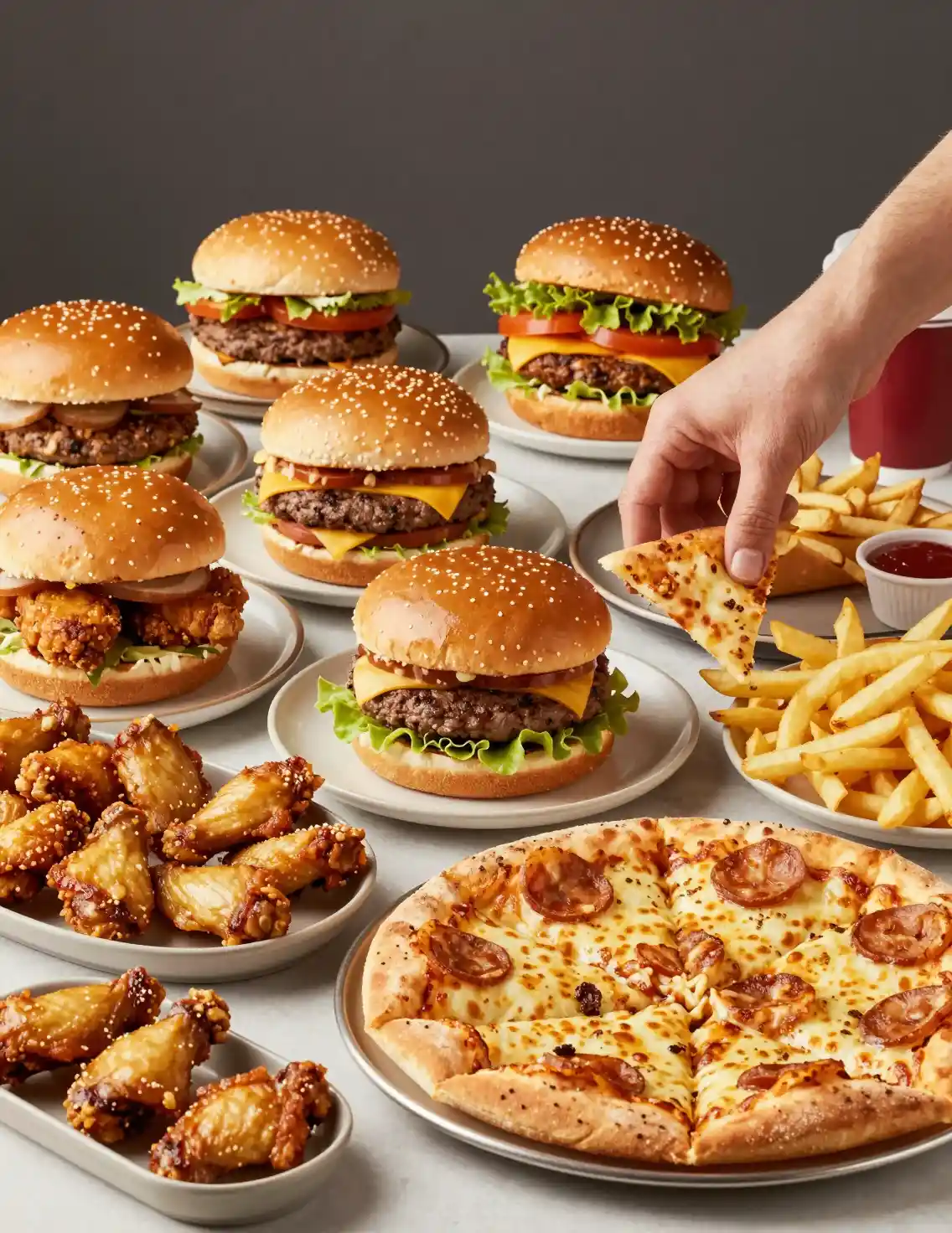 Colorata selezione di fast food preferiti su un tavolo affollato