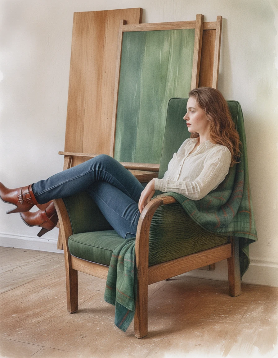 Frau entspannt in einem Vintage-Sessel im Künstleratelier