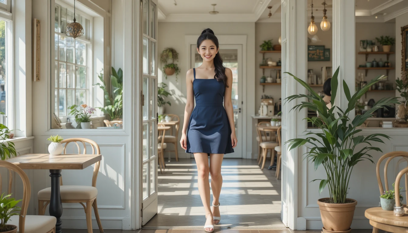 明るい朝のカフェに入る笑顔の女性