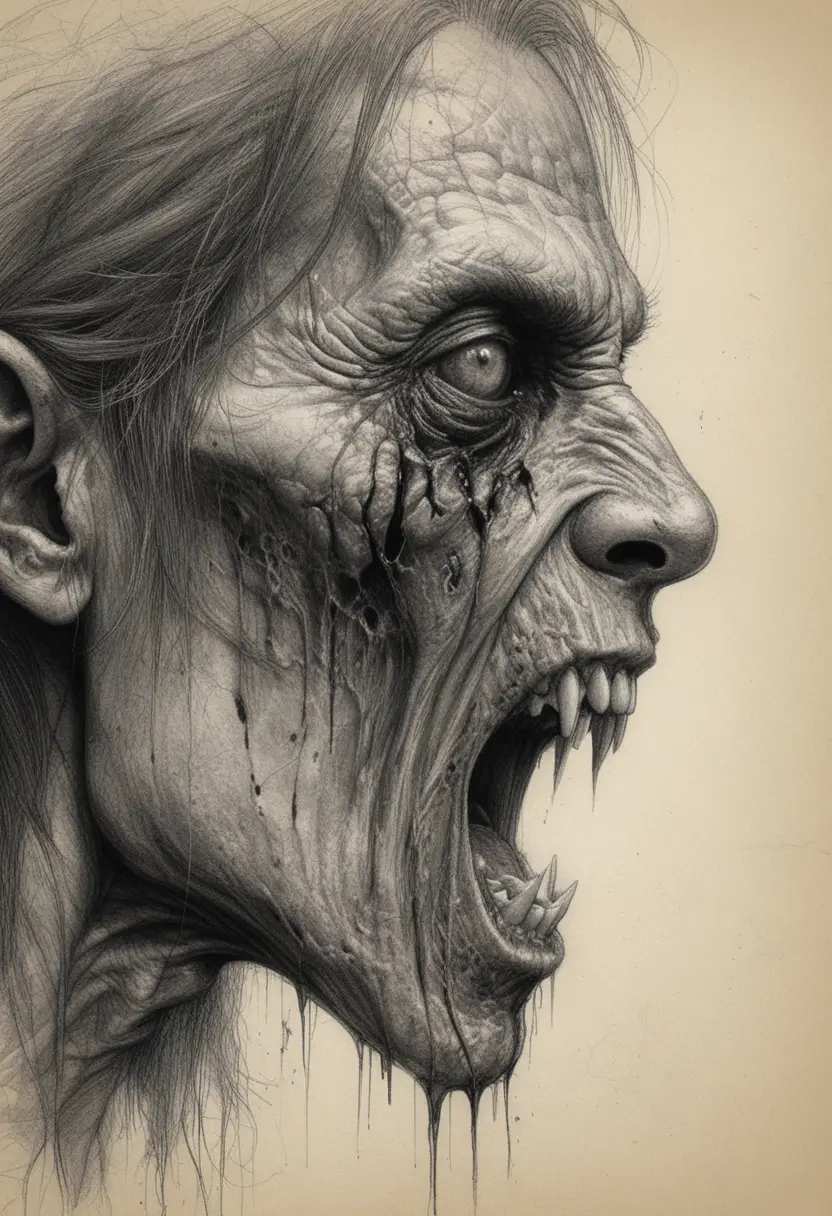 Grotesque green monster profile screaming in close up