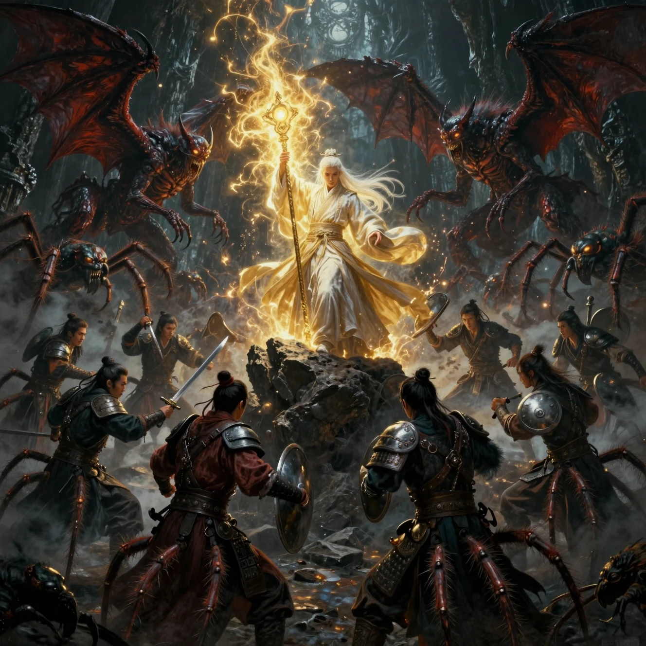 Young Chinese adventurers fighting demons in dark cavern