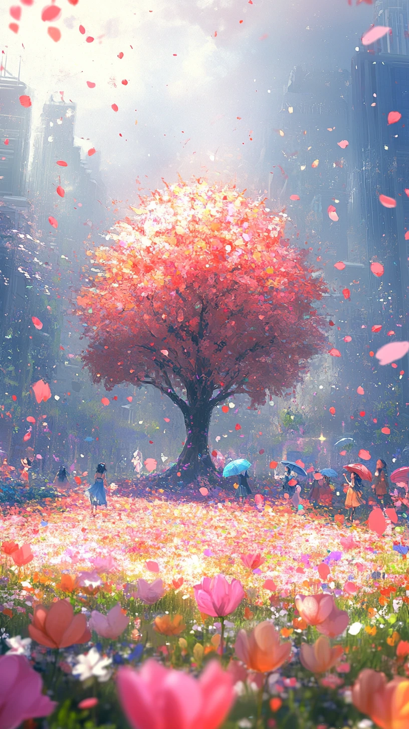 霧がかった幻想的な森に輝く明るいリンゴの木