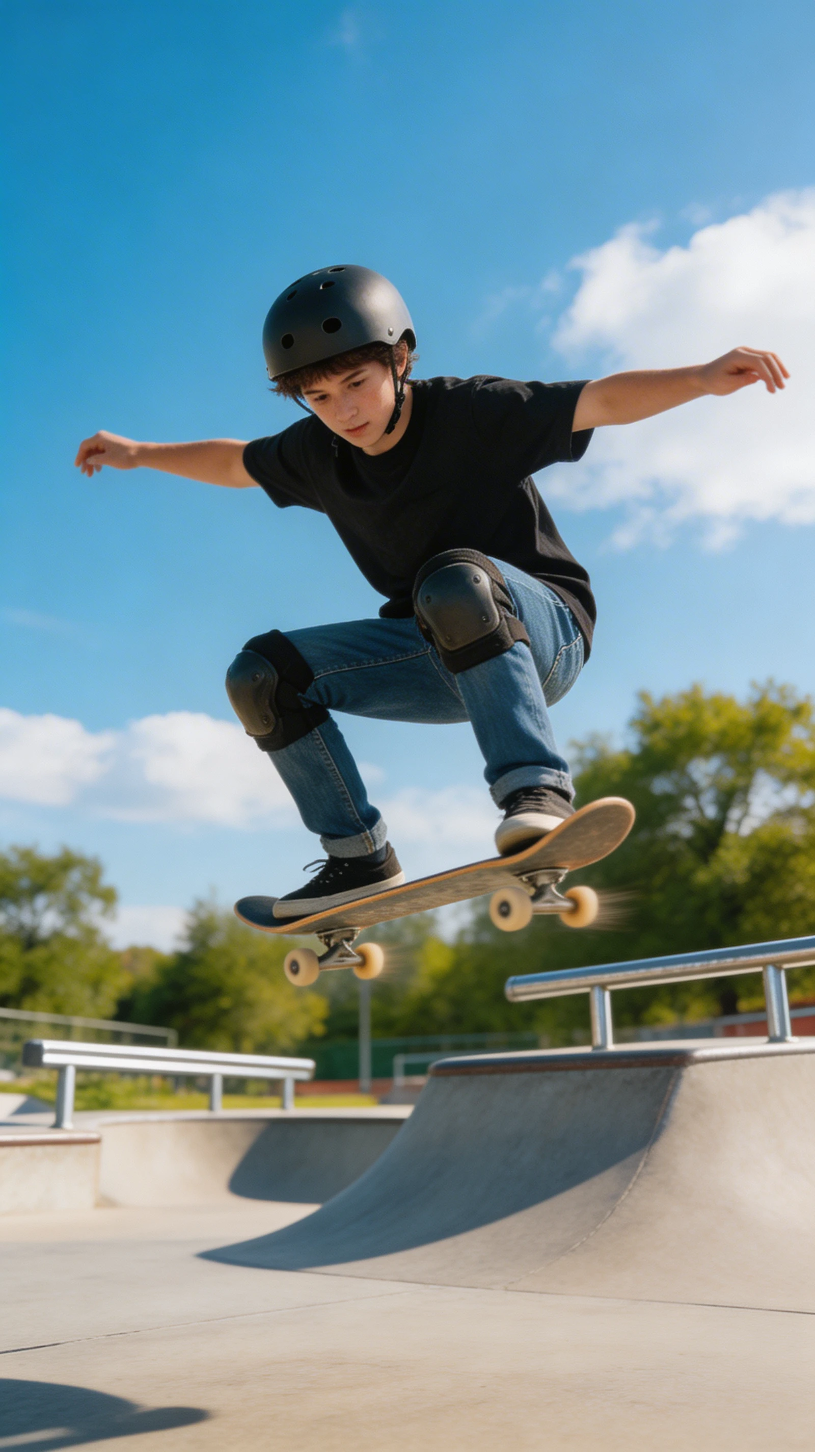 Giovane skater che esegue un ollie in uno skatepark soleggiato
