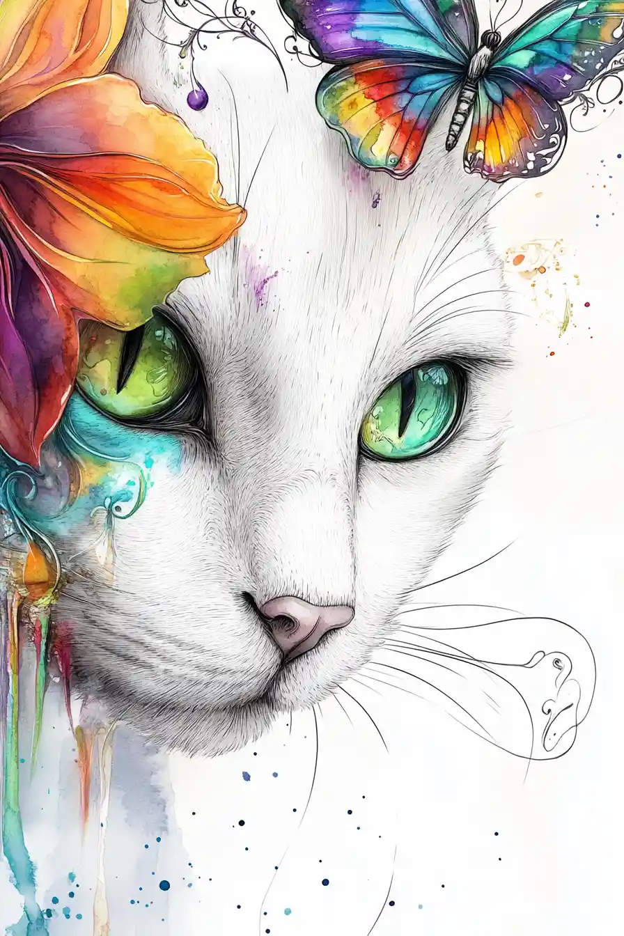 Porträt einer weißen Katze mit Regenbogen-Schmetterling und Blume