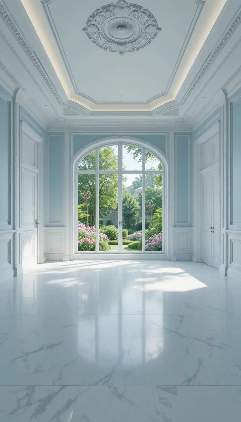 Ampia camera da letto moderna con luce naturale soffusa e vista sul giardino