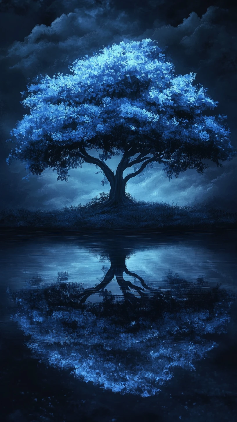 Leuchtend blauer Baum im stillen dunklen Wasser gespiegelt