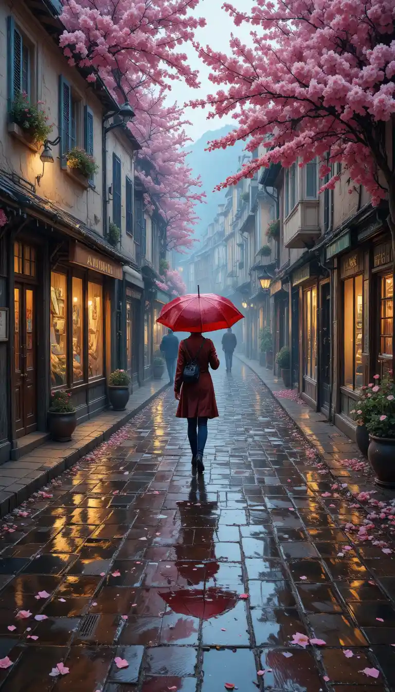 Regnerische Dorfstraße mit rotem Regenschirm und sanften Spiegelungen