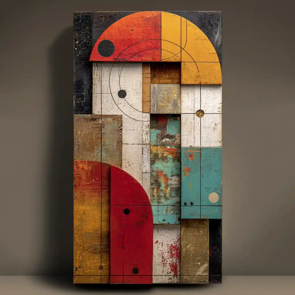Astratto geometrico verticale in mixed media su pannello di legno scuro