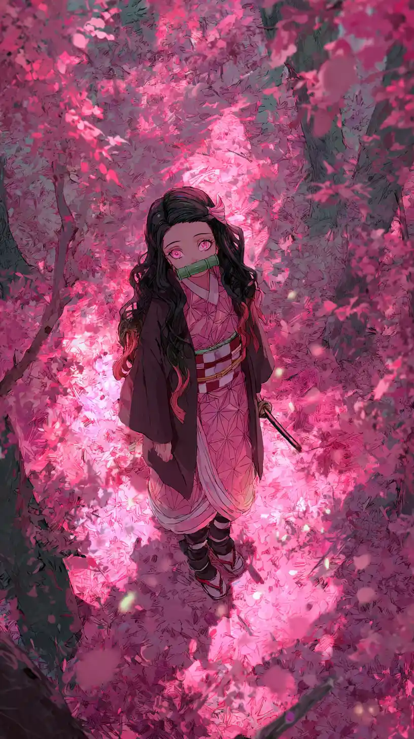 Anime-Mädchen mit Katana im traumhaften Kirschblütenwald