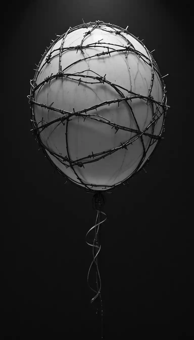 Globo envuelto en alambre de púas en un marcado blanco y negro