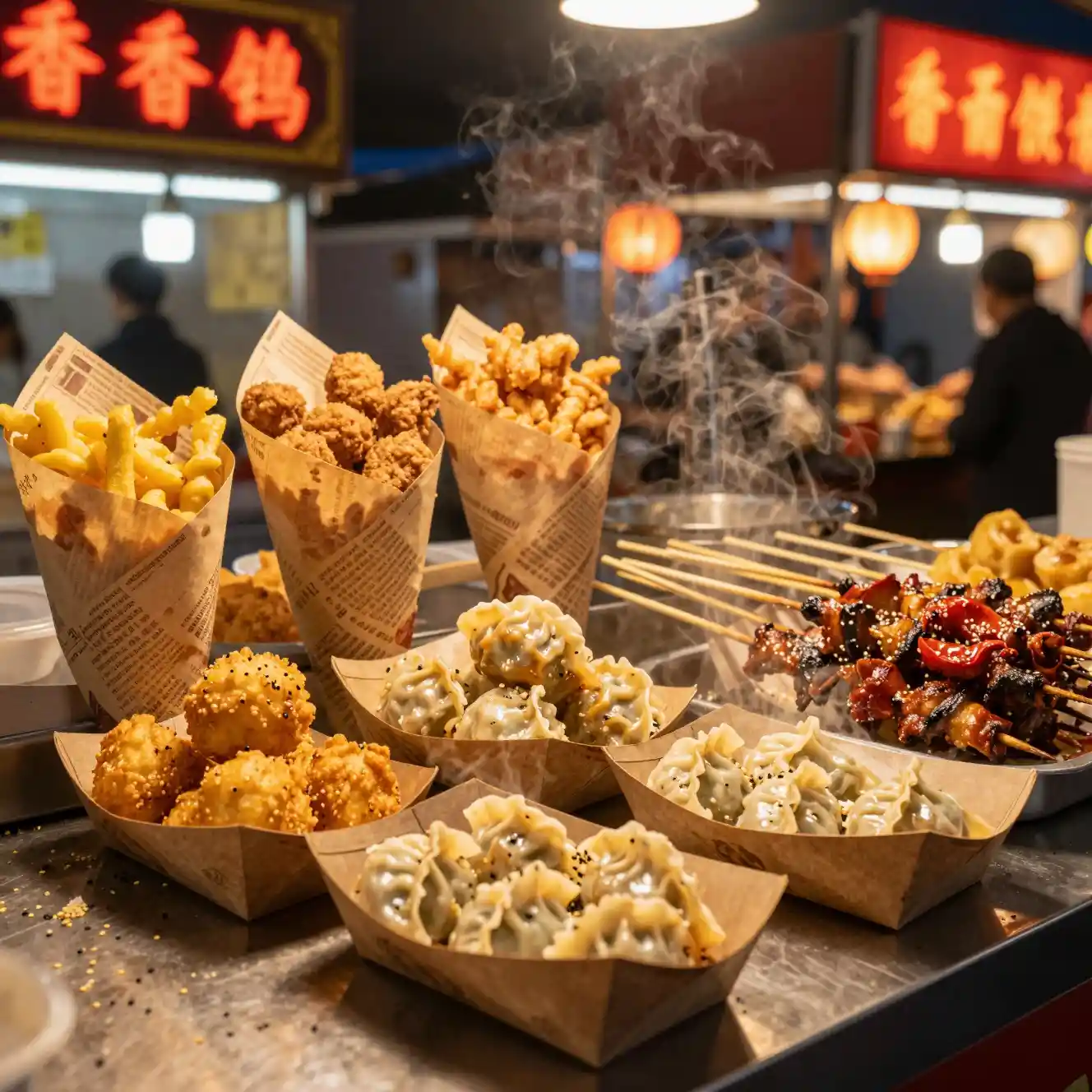 Banchetto di street food in cartocci di carta in un mercato notturno luminoso