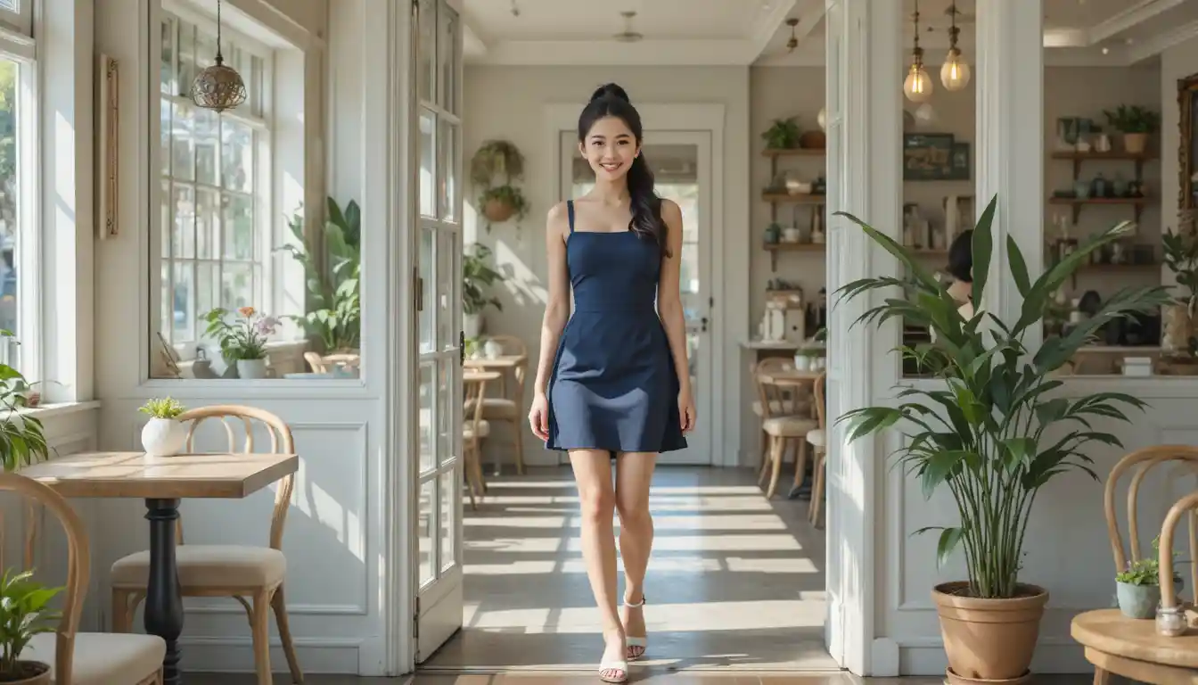明るい朝のカフェに入る笑顔の女性