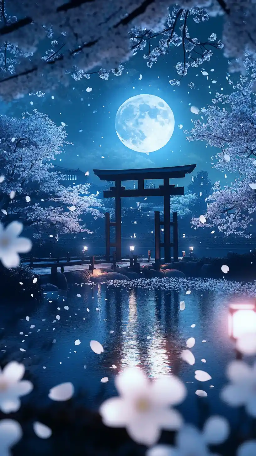 Serene ukiyo e night in a Japanese garden with torii