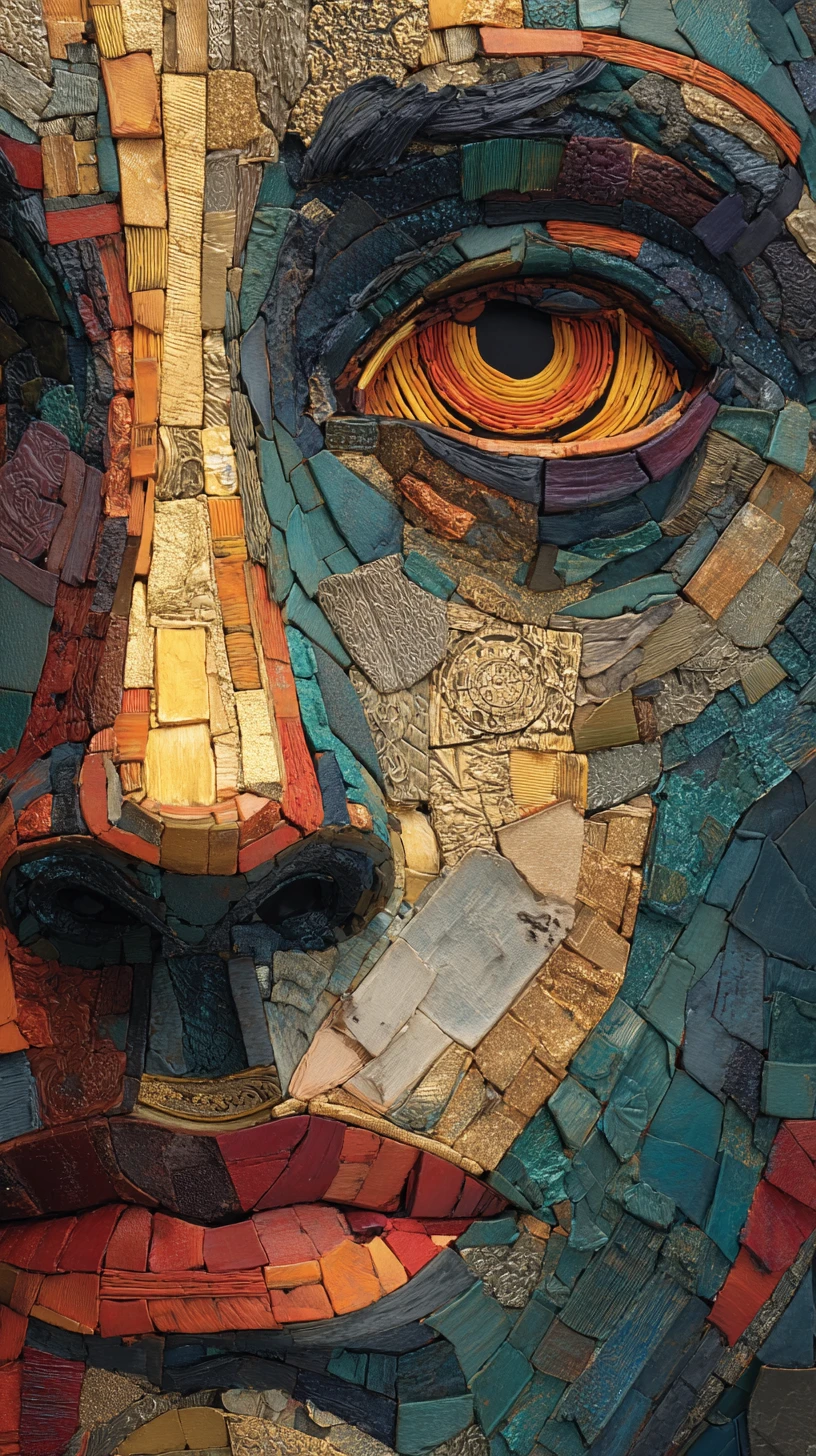 Abstraktes Mixed-Media-Relief eines fragmentierten menschlichen Gesichts