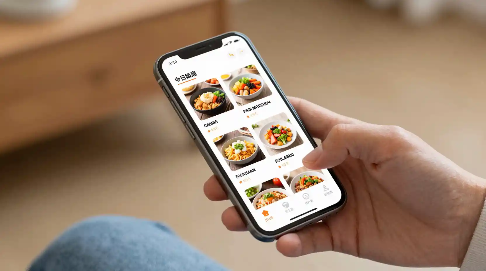 Pessoa navegando em app de delivery de comida em smartphone moderno em ambiente interno
