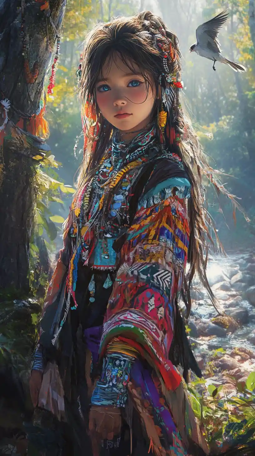 Ainu-Frau in traditioneller Kleidung im nebligen Wald