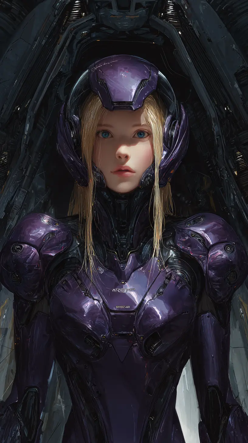 Female android warrior in purple armor in space hangar
