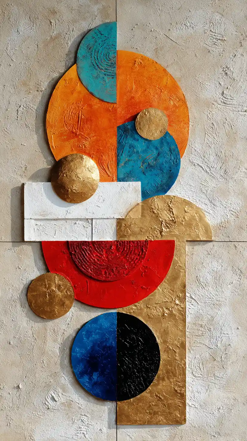 Murale astratto verticale con cerchi geometrici sovrapposti