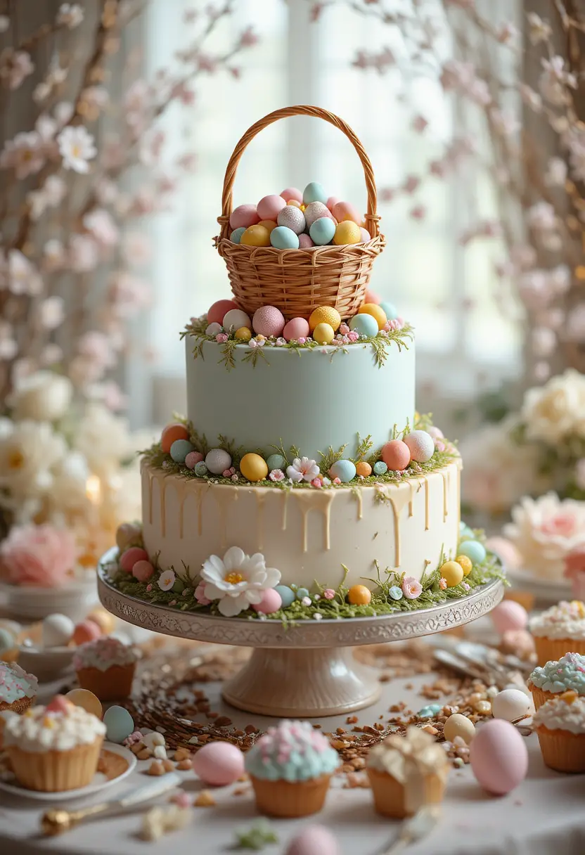 Elegant three tier easter cake with candy basket topper