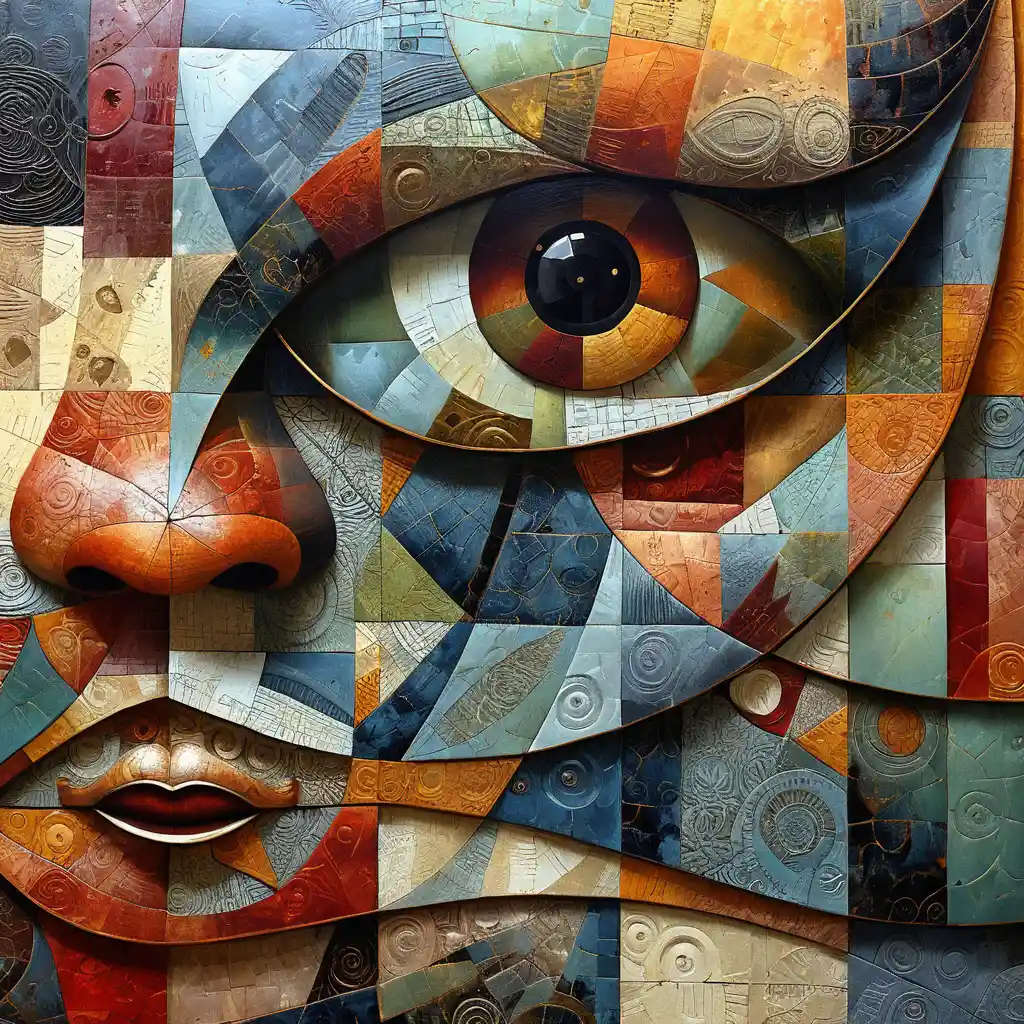 Layered mixed media relief of an abstract human face