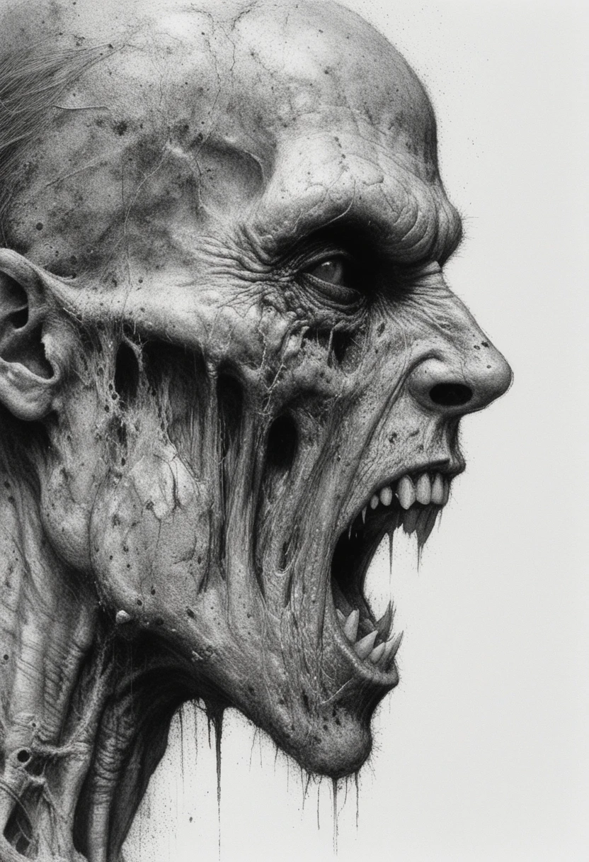 Perfil grotesco de vampiro gritando en primer plano extremo