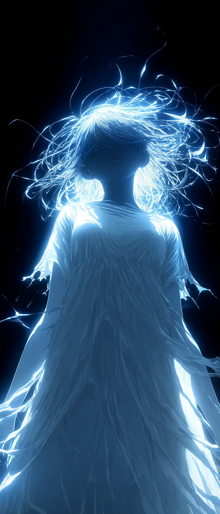 Ghostly anime woman in shredded white dress above darkness