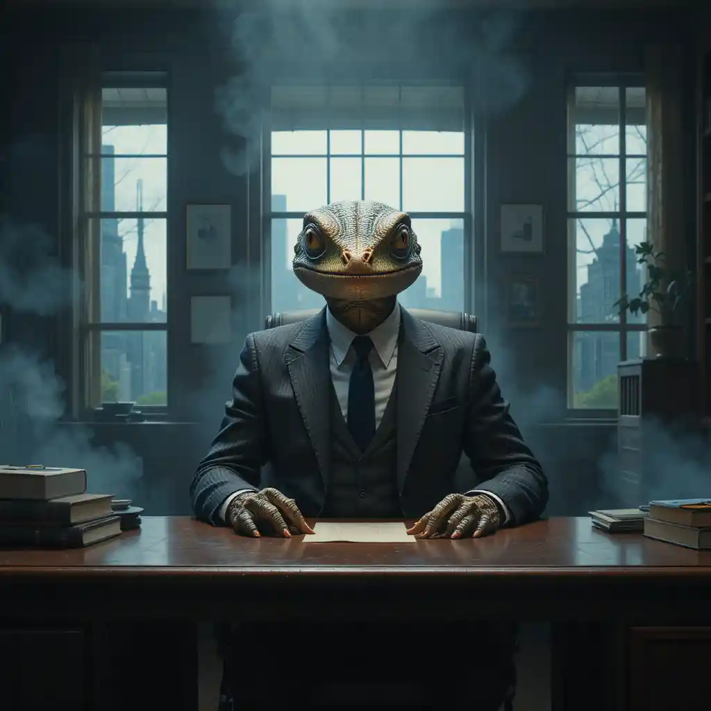 Lizard faced humanoid in suit at desk in smoky office
