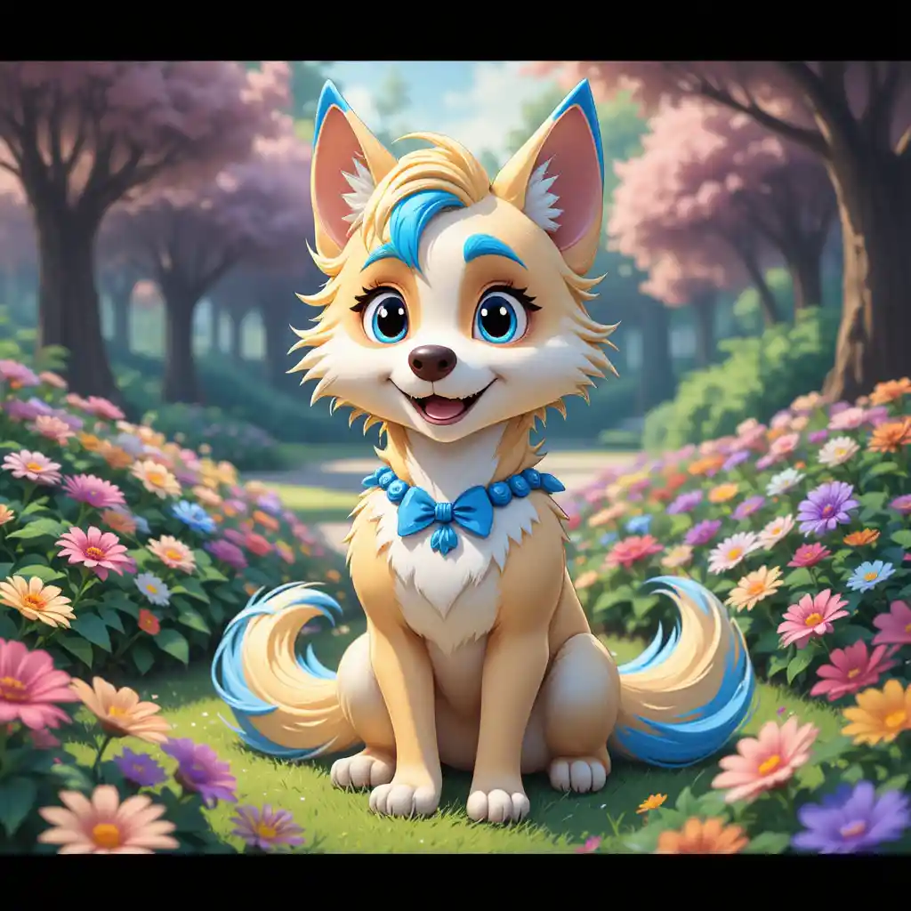 Cão de desenho animado com cabelo colorido sentado em parque florido e iluminado