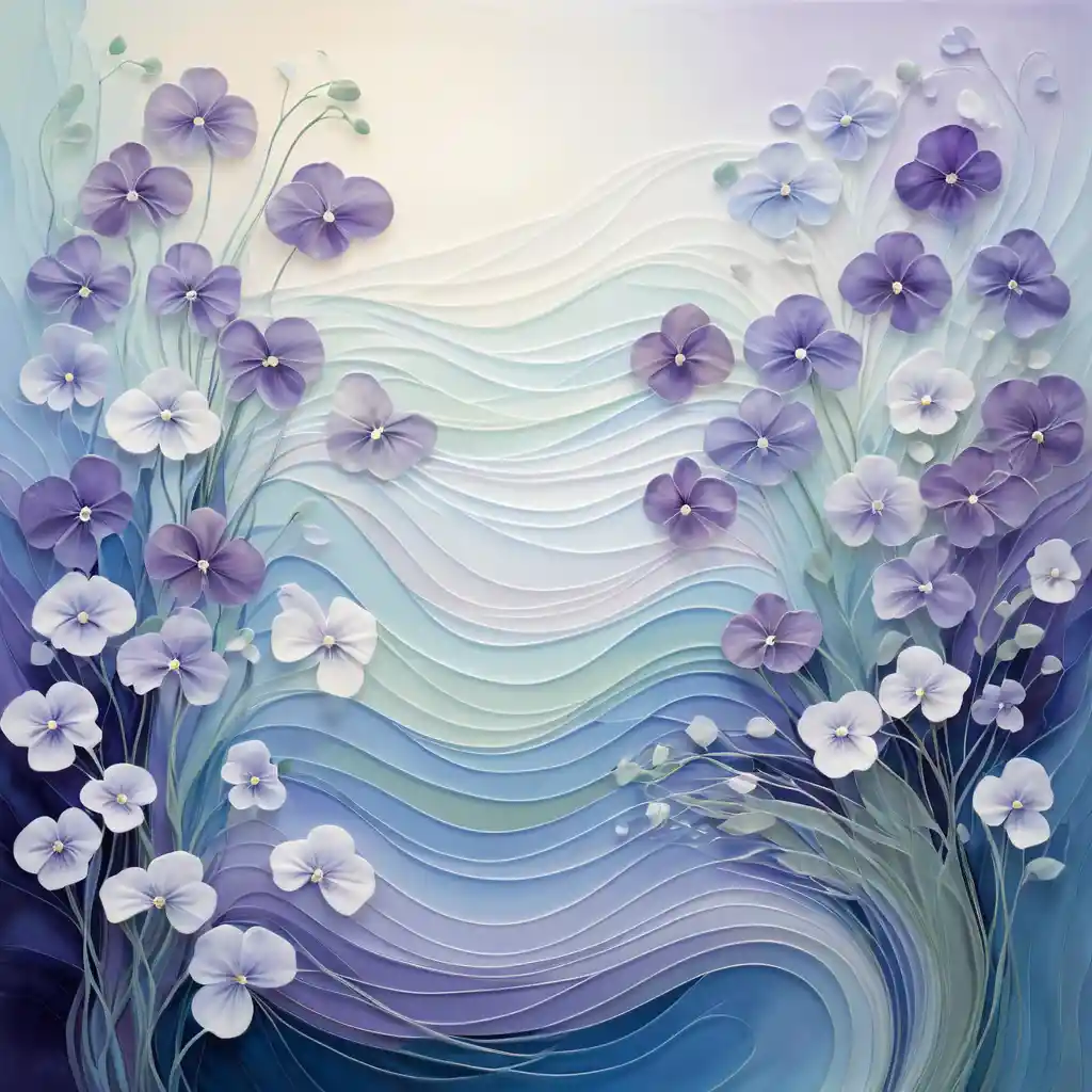 Abstract glass like waves with translucent pastel flowers