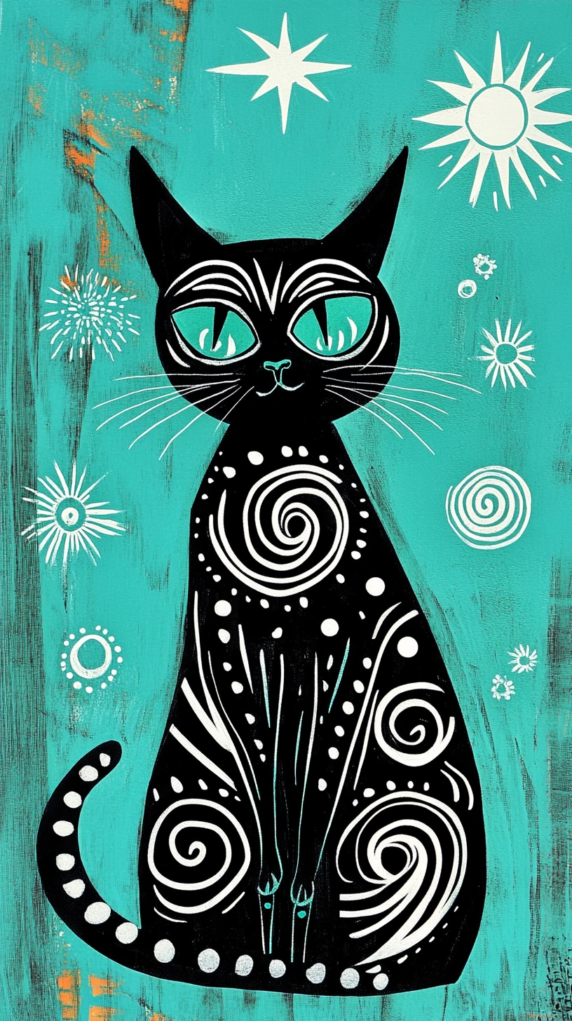 Gatto nero stilizzato con occhi color acquamarina su sfondo giocoso